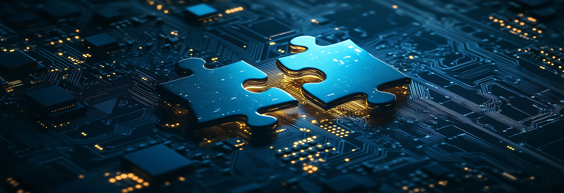 Two illuminated puzzle pieces resting on a sophisticated circuit Two illuminated puzzle pieces resting on a sophisticated circuit